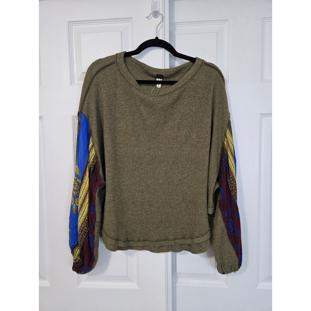 Free People We The Free Olive Green Waffle Knit Mixed Print Balloon Sleeve Top S